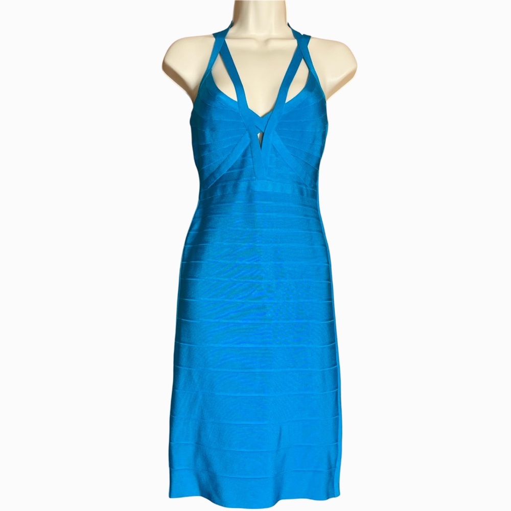 NWT Herve Leger LUCEE Bandage Dress Halter Cutouts Turquoise Max Azria M Bodycon - Picture 2 of 13